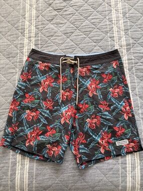 Fair Harbor Black Swim Shorts with Red Floral and Blue Leaves